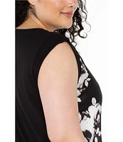 Liverpool Los Angeles Plus Size Floral Crew Neck Cap Sleeve Top