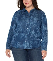 Liverpool Los Angeles Plus Size Floral Point Collar Long Sleeve Blouse