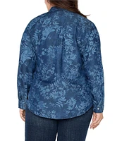 Liverpool Los Angeles Plus Size Floral Point Collar Long Sleeve Blouse