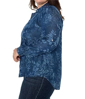 Liverpool Los Angeles Plus Size Floral Point Collar Long Sleeve Blouse