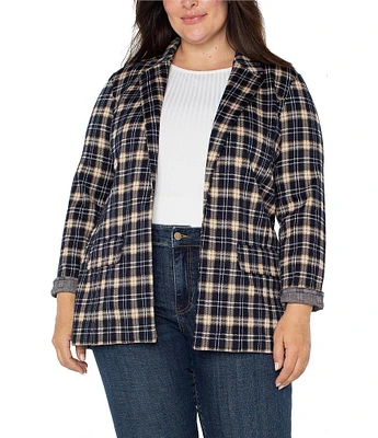 Liverpool Los Angeles Plus Size Jacquard Knit Tartan Plaid Notch Lapel Long Sleeve Open-Front Boyfriend Blazer