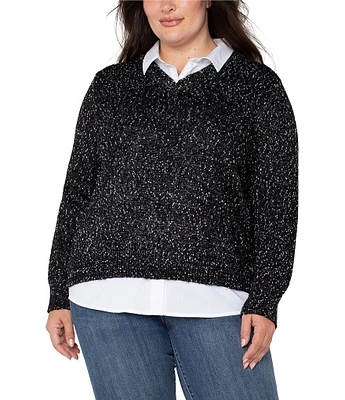 Liverpool Los Angeles Plus Size Mixed Media Collared Long Sleeve 2-Fer Sweater Top