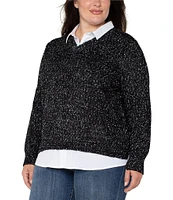 Liverpool Los Angeles Plus Size Mixed Media Collared Long Sleeve 2-Fer Sweater Top