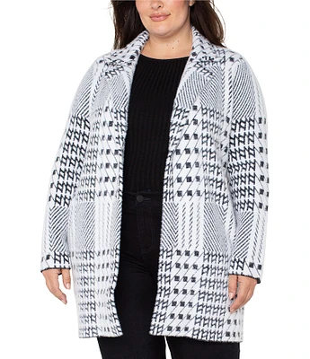 Liverpool Los Angeles Plus Size Mixed Plaid Jacquard Plush Feather Yarn Notch Collar Open-Front Coatigan