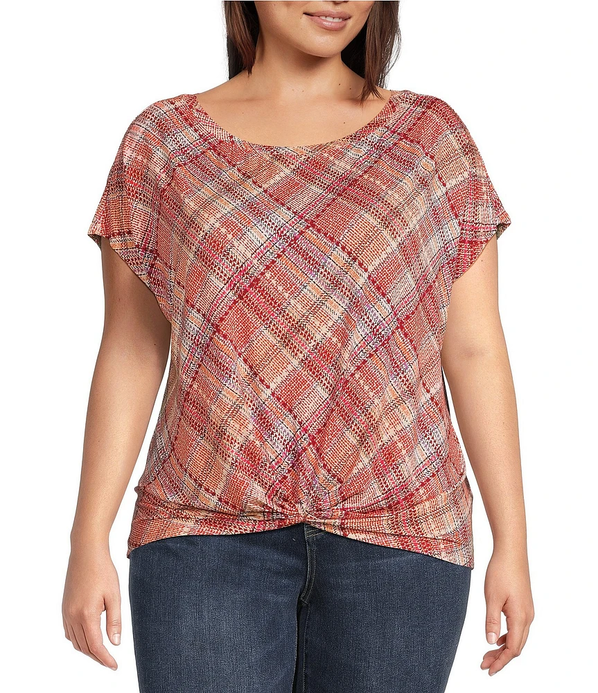 Liverpool Los Angeles Plus Size Multi Plaid Crew Neck Short Sleeve Front Twist Top