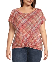 Liverpool Los Angeles Plus Size Multi Plaid Crew Neck Short Sleeve Front Twist Top