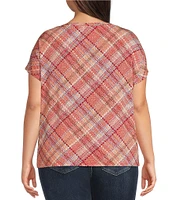 Liverpool Los Angeles Plus Size Multi Plaid Crew Neck Short Sleeve Front Twist Top