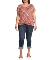 Liverpool Los Angeles Plus Size Multi Plaid Crew Neck Short Sleeve Front Twist Top