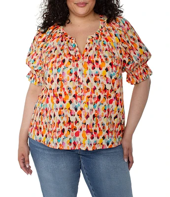 Liverpool Los Angeles Plus Size Printed Split V-Neck Short Puff Sleeve Blouse