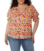 Liverpool Los Angeles Plus Size Printed Split V-Neck Short Puff Sleeve Blouse