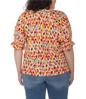 Liverpool Los Angeles Plus Size Printed Split V-Neck Short Puff Sleeve Blouse