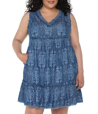 Liverpool Los Angeles Plus Size Printed V-Neck Sleeveless Ruffle Fray Tiered Hem Dress