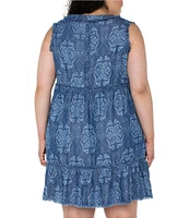 Liverpool Los Angeles Plus Size Printed V-Neck Sleeveless Ruffle Fray Tiered Hem Dress