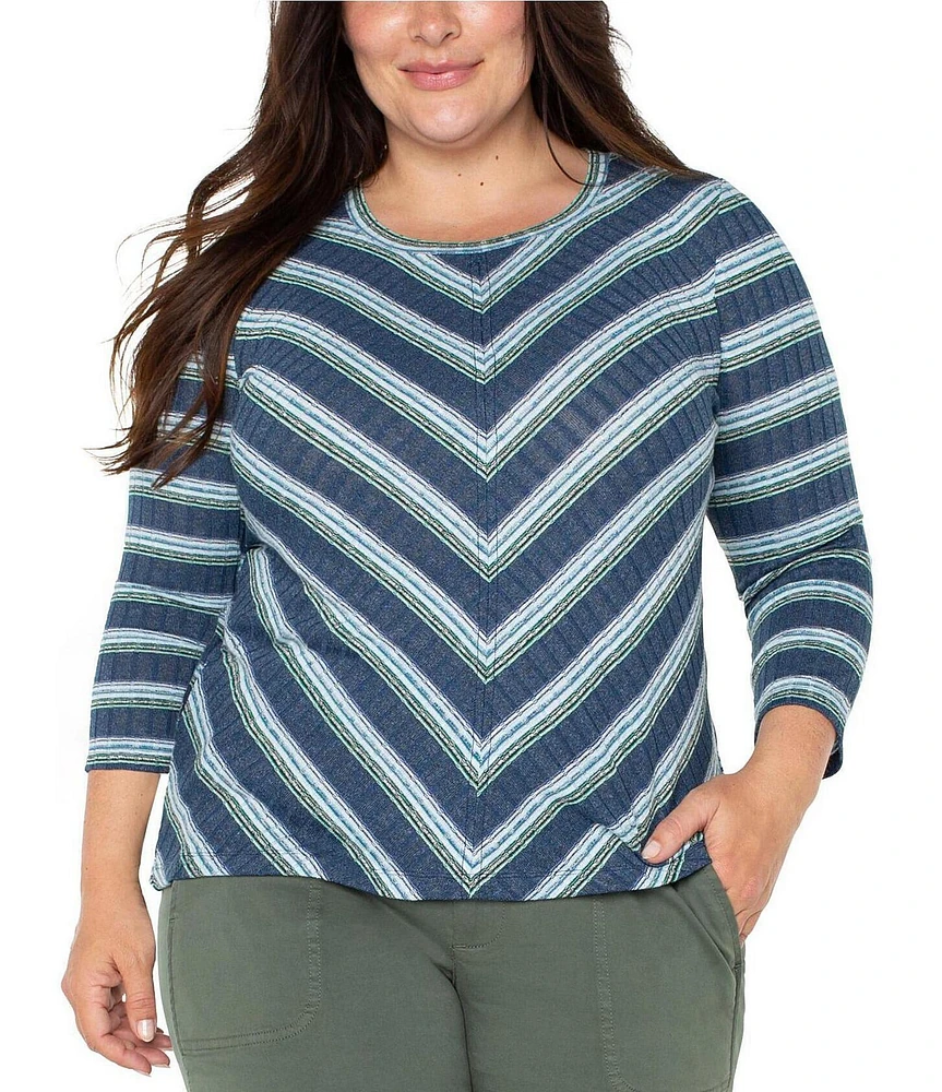 Liverpool Los Angeles Plus Size Stretch Ribbed Knit Stripe Print Scoop Neckline 3/4 Sleeve Top