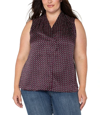 Liverpool Los Angeles Plus Size Stretch Woven Dot Print Pleated V-Neck Detail Sleeveless Top