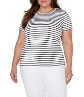 Liverpool Los Angeles Plus Size Stripe Knit Crew Neck Short Sleeve Slim Fit Tee Shirt