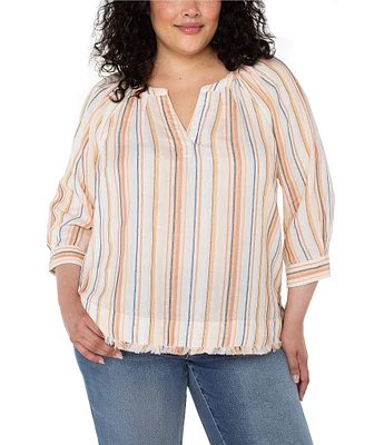 Liverpool Los Angeles Plus Size Stripe Split V-Neck 3/4 Sleeve Frayed Hem Top