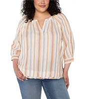 Liverpool Los Angeles Plus Size Stripe Split V-Neck 3/4 Sleeve Frayed Hem Top
