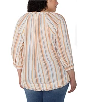 Liverpool Los Angeles Plus Size Stripe Split V-Neck 3/4 Sleeve Frayed Hem Top