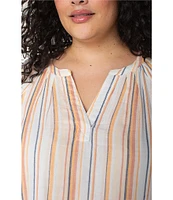 Liverpool Los Angeles Plus Size Stripe Split V-Neck 3/4 Sleeve Frayed Hem Top