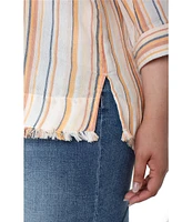 Liverpool Los Angeles Plus Size Stripe Split V-Neck 3/4 Sleeve Frayed Hem Top