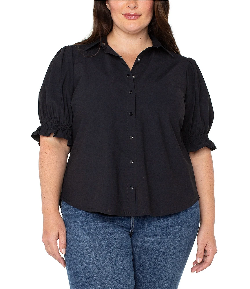 Liverpool Los Angeles Plus Size Tech Knit Point Collar Short Puff Sleeve Button Front Shirt