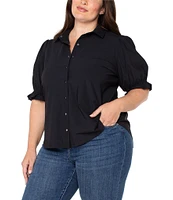 Liverpool Los Angeles Plus Size Tech Knit Point Collar Short Puff Sleeve Button Front Shirt