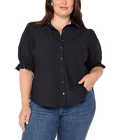 Liverpool Los Angeles Plus Size Tech Knit Point Collar Short Puff Sleeve Button Front Shirt