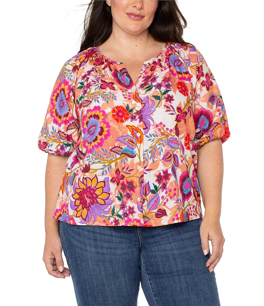 Liverpool Los Angeles Plus Size Woven Floral Split V-Neck Short Sleeve Button Front Blouse