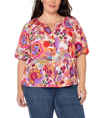 Liverpool Los Angeles Plus Size Woven Floral Split V-Neck Short Sleeve Button Front Blouse
