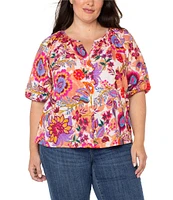 Liverpool Los Angeles Plus Size Woven Floral Split V-Neck Short Sleeve Button Front Blouse