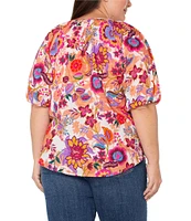 Liverpool Los Angeles Plus Size Woven Floral Split V-Neck Short Sleeve Button Front Blouse
