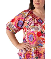 Liverpool Los Angeles Plus Size Woven Floral Split V-Neck Short Sleeve Button Front Blouse