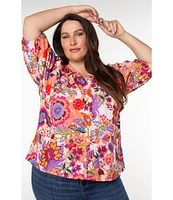 Liverpool Los Angeles Plus Size Woven Floral Split V-Neck Short Sleeve Button Front Blouse
