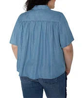 Liverpool Los Angeles Plus Size Woven Point Collar Short Flutter Sleeve Button Front Blouse