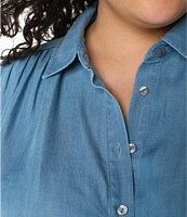 Liverpool Los Angeles Plus Size Woven Point Collar Short Flutter Sleeve Button Front Blouse