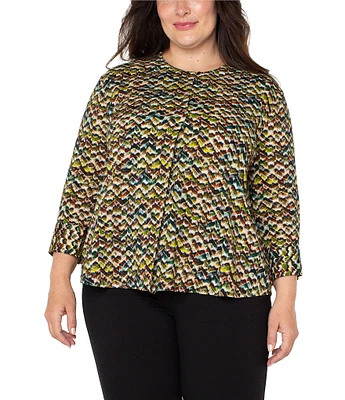 Liverpool Los Angeles Plus Size Woven Printed Crew Neck 3/4 Sleeve Blouse