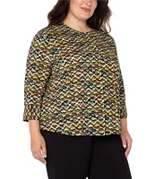 Liverpool Los Angeles Plus Size Woven Printed Crew Neck 3/4 Sleeve Blouse