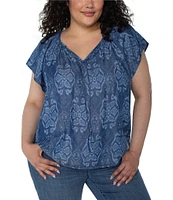 Liverpool Los Angeles Plus Size Woven Printed Split V-Neck Cap Sleeve Tie-Front Top