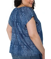 Liverpool Los Angeles Plus Size Woven Printed Split V-Neck Cap Sleeve Tie-Front Top