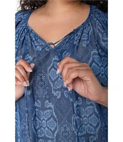 Liverpool Los Angeles Plus Size Woven Printed Split V-Neck Cap Sleeve Tie-Front Top