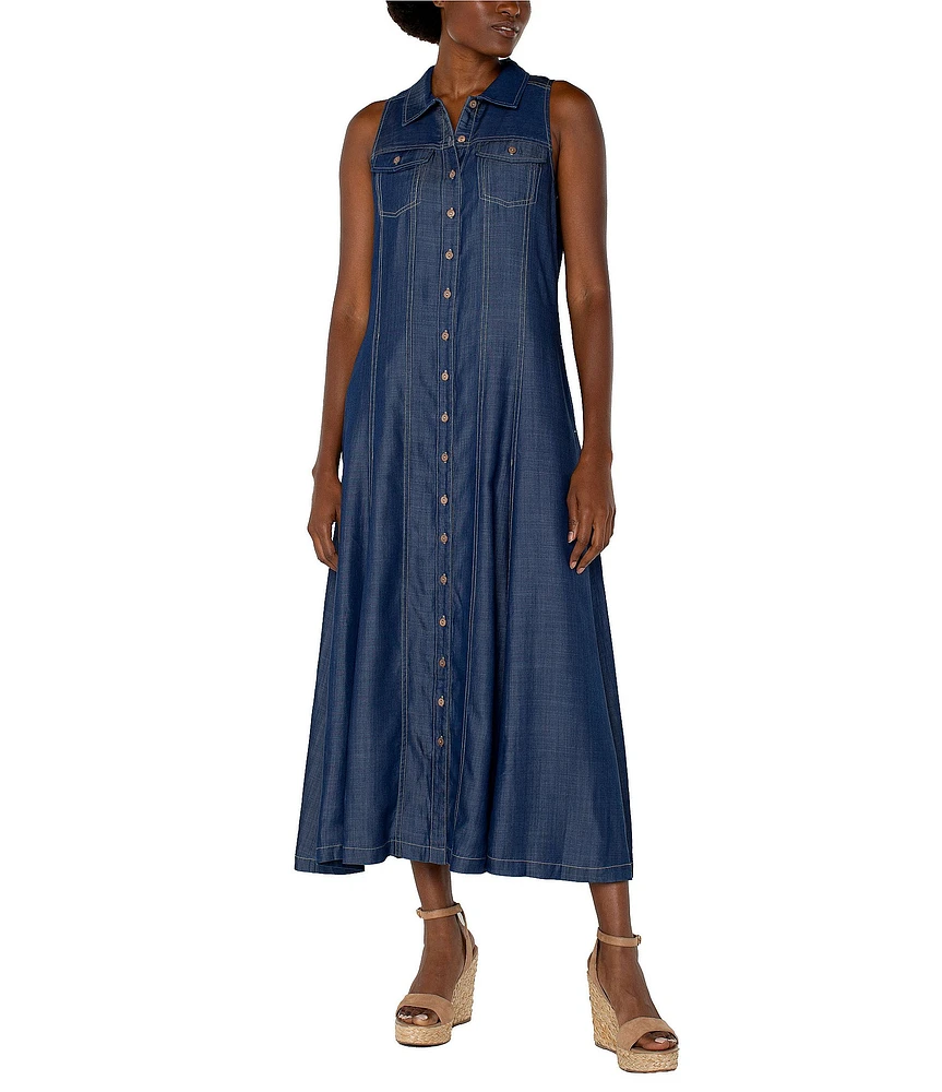 Liverpool Los Angeles Point Collar Sleeveless Denim Midi Dress