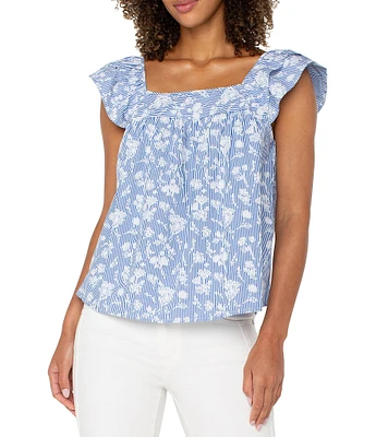 Liverpool Los Angeles Poplin Floral Print Square Neck Short Sleeve Top