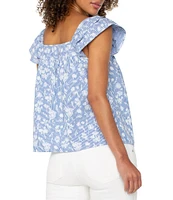 Liverpool Los Angeles Poplin Floral Print Square Neck Short Sleeve Top