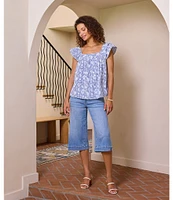 Liverpool Los Angeles Poplin Floral Print Square Neck Short Sleeve Top