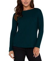 Liverpool Los Angeles Ribbed Knit Boat Neckline Long Sleeve Top