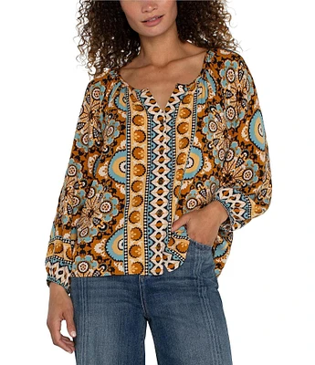 Liverpool Los Angeles Split Round Neck Long Puff Sleeve Button Up Blouse