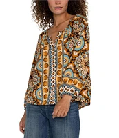 Liverpool Los Angeles Split Round Neck Long Puff Sleeve Button Up Blouse