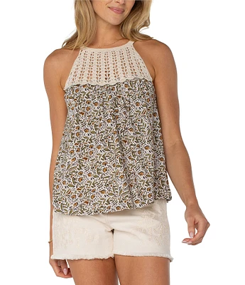 Liverpool Los Angeles Slub Jersey Knit Printed Sleeveless Crochet Halter Top
