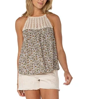 Liverpool Los Angeles Slub Jersey Knit Printed Sleeveless Crochet Halter Top